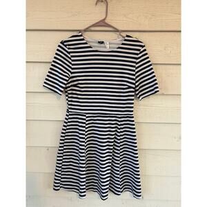 H&M Navy & White Striped Fit & Flare Dress Size 8